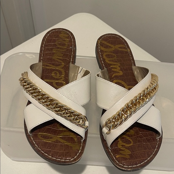 Sam Edelman White Leather Crisscross Sandals with Gold Chain Women’s Size 9.5 - Picture 1 of 16